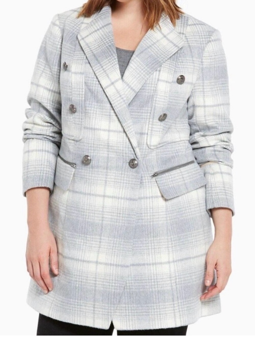 Torrid Light Gray & White Plaid Double-Breasted Wool Blend Midi Blazer Size 1X